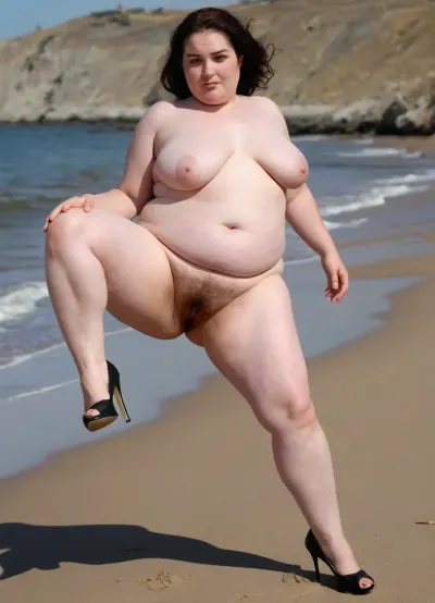 Die mittelalterliche Frau lagerte sich für einen sexy Fotoshooting am Strand, trug einen kleinen Flaabby Bikini und High Heels. Sie hatte sehr kleine Brüste und breite Hüften, mit plumpen Oberschenkeln und einer haarigen Pubis. Ihr Ausdruck war zynisch