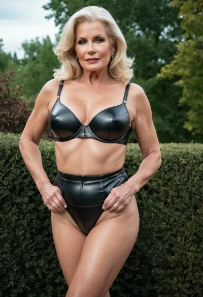 Une femme de 65 ans pose devant le miroir plein corps, admirant son nouvel ensemble de lingerie. Elle portait un corset en cuir et des gants assortis, avec une ceinture en cuir noir et des bottes en cuir taille haute. Elle