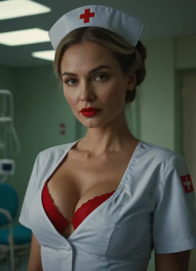 러시아 간호사, 그녀의 섹시한 빨간 립스틱과 뿔의 태도로, 그녀의 모습도 sexier를 만든 빨간 브래지어와 병원 룸으로 걸어. 그녀는 그녀가 원하는 것을 얻기 위해 환자를 유혹했다