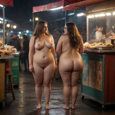 beautiful two naked chubby women with curvy womans, with long round face, full body naked, straight hair, Standing, A woman from inside a street food stall hands to customers in side the stall. She is leaning slightly towards the customers.A woman from inside a street food stall in night, It is raining lightly.