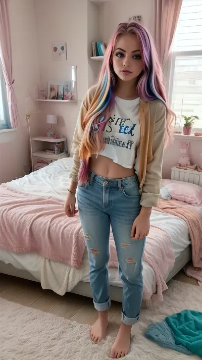 (((Young girl))), (((age 18))), realistic, beautiful girl in messy bedroom, a young non-wine person, full body, nube, colorful hair, (realistic face, perfect eyes, perfect face:1.1), colourful hair, shirtlift, <lora:Rlong-10:.5>