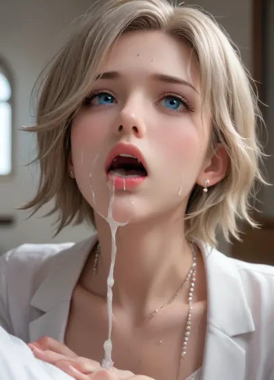 Mercy from Overwatch with cum on her face. doctor outfit. Orgasm face. Cum everywhere.,  doggystyle sex, side view, ass up pose, on bed, orgasm face, open mouth. sweaty hair. Ahegao face. Cumshot.