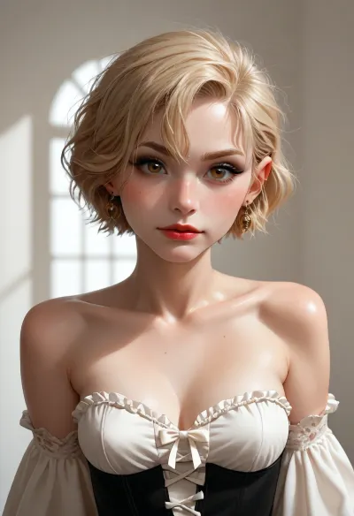 detailed, masterpiece, a woman, score_9, score_8_up, score_7_up, score_6_up, score_5_up, score_4_up, brown eyes, 1girl, (score_9, score_8_up:1.1), , (ashen blonde hair styled in a short pixie-cut with textured waves with dark undertones), green eyes, pale skin, freckles, Beautiful, perfect body, detailed background, assertive, dominant, Goth girl, black lipstick, dark makeup, heavy makeup, flushed cheeks, big eyes, eye contact, aroused, mischievous grin, strict leather corset, (incase style), <lora:287175_training_data:1.2>