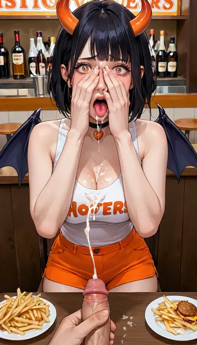 masterpiece, best quality, highly detailed, (anime:1.2), BREAK, male masturbation, (male pov body), (viewer sitting on a chair at a table), (large penis, testicles), (large cum string ejaculation from penis onto eye), pov hands, (disgusted, mouth open, surprised), (covering face with one hand, holding french fries in other hand), (succubus standing on opposite side of table, leaning forward over table), viewer sits down inside a lively hooters food restaurant after ordering food. After a short moment, a gorgeous 25 year old white succubus with a long black hair bob haircut and wide open orange eyes. She is wearing orange micro hot shorts and a low cut white top appears with his order of chicken wings and french fries. She has natural b cup breasts and the downblouse view of her top occasionally shows one of her nipples, nipslip. As she is about to hand over french fries to give to him, she didn't notice that the gluttonous viewer got excited over the food, and had unzipped his pants revealing his large penis, testicles. As the succubus picks up the plate of food with her hand and leans forward trying to give viewer french fries, he has an intense orgasm and ejaculates from his large penis after being aroused by the food. She is shocked, surprised and disgusted as viewer's penis shoots a large cum string ejaculation, hitting her in the eye, thick cum splashing on her face, eye, into her hair and all over her clothes, cum drips down from face onto her breasts, clothes and the french fries as she closes her cum covered eye., ((male masturbation)), (large penis, testicles:1.3), focus on penis, hooters food restaurant, gorgeous, white, 25 year old, succubus, demonic, wings, horns, tail, long black hair bob haircut, wide open orange eyes, natural b cup boobs, slim, athletic, gymnast body, no bra, orange micro hot shorts, a low cut white top, (downblouse, nipslip, cleavage), shocked, surprised, (looking down), french fries, cumming, (large cum string ejaculation onto eye:1.2), (facial, facialized, cum, cumshot surprise, splashing on face, cum on clothes, cum on face, cum in mouth, excessive cum:1.1), hamburger, chicken wings, beer