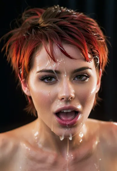 score_9, score_8_up, score_7_up, score_6_up, poprtrait, tight, orgasm face, horny, sexy, nice white teeth, (dark wet tiny lips), red short messy hair, semen in her tongue, semen dripping, dark background, soft light, woman, cum, on, face, <lora:JustCum:1>