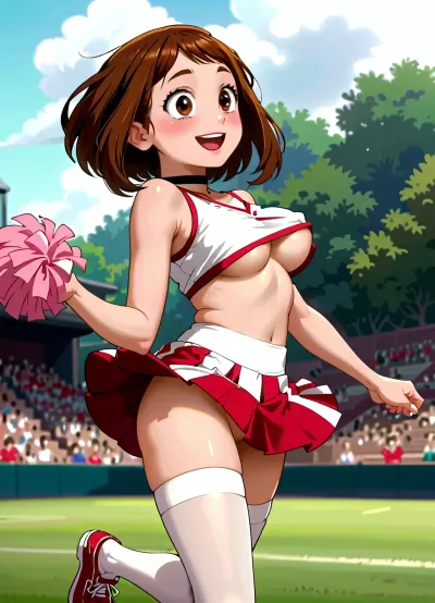 Ein charmanter Lift: uraraka ochakos spielerischer Cheerleadersprung in anime screencap