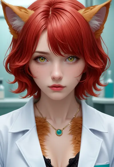 (illustration, digital art, character concept art, style of Dan Mora:1.4), , illustration of a woman turning into a catgirl, mad science lab decor in background, rose-red hair with dark roots, (catgirl, furry, petgirl:1.4), (science lab, science experiment, hybrid, chimera:1.4), Zip2D, SK_DigitalArt