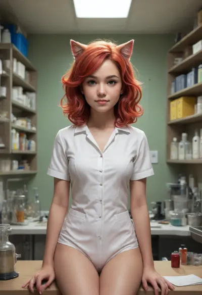 (style of Sachin Teng:1.4), , (illustration, digital art, character concept art, comic style:1.2), illustration of a woman turning into a catgirl, mad science lab decor in background, long rose-red hair with with golden undertones, nice crinkled in a mischievous feline grin, mad science laboratory in background, (catgirl, furry, petgirl, transformation, cat whiskers, cat tail), (science lab, science experiment, hybrid, chimera:1.2), Zip2D, SK_DigitalArt