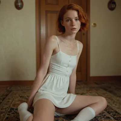 young, beautiful, skinny, tiny tits, freckles, redhead, blond, short hair, pussy spread, detailed pussy, white socks, flat shoes, dress, lifted, tits visible, sexy pose