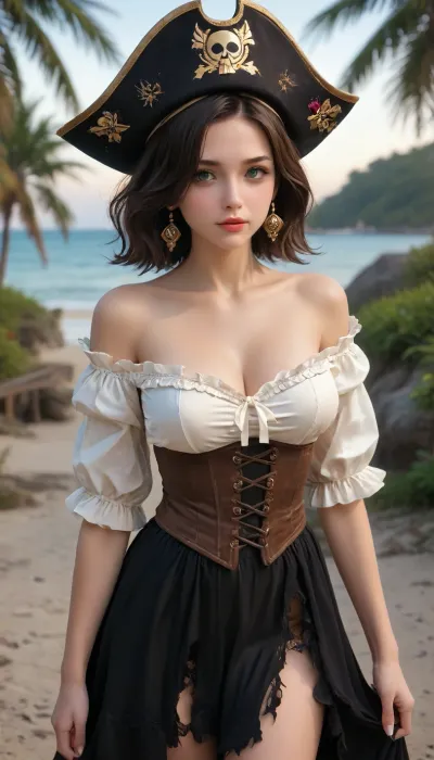 full body view, uncensored, a beautiful pirate girl on a ship near the shore, a beautiful beach with lush palm trees, wearing a very torn black Renaissance Corset Victorian Off Shoulder Dress jumpsuit petticoat a very long dark brown maxi skirt and a pirate hat, a beautiful fitness figure, beautiful elastic big breasts, beautiful athletic buttocks, long athletic legs, black hair, green eyes, big lips, a beautiful toned stomach