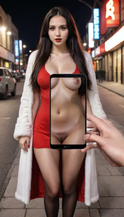 Brunette girl, elegant 18yo brunette with long black hair stands on the street with her legs wide apart, black and red dress, white fur coat, black colan stockings, red high-heeled shoes, long wavy hair, evening, neon lights, 18 years old, big breasts, hairy pubis, the whole silhouette in the frame, majikfone, <lora:Magikfone_XL_0.4:.8>