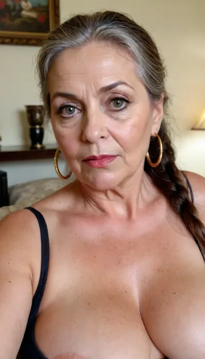 old granny mature, 65 years old granny, dark brown long hair, ponytail, glamour, very chubby, beautiful big big eyes, gold hoop earrings, in her living room, sweaty body, short, looking at the camera, selfie picture, face and boobs focus, lipstick, plump lips, granny, horny sexy face, tiny saggy boobs, super fancy glamour, no make up, very small saggy boobs, sexy small boobs, big nose, long nipples, huge aureolas, most sexy mature granny
