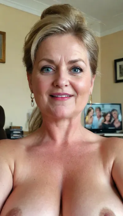 old granny mature, 60 years old granny, most sexy mature granny, light brown hair, ponytail, glamour, very chubby, beautiful blue eyes, big eyes, gold hoop earrings, in her living room, sweaty body, short, looking at the camera, selfie picture, face and boobs focus, (open mouth:1.2), (big lips), excited expression, granny, horny sexy face, tiny saggy boobs, super fancy glamour, no make up, very small saggy boobs, sexy small boobs, big nose, long nipples, big aureolas, puffy, nipples, dark, ghost, wide, <lora:Nipples XL:.5>