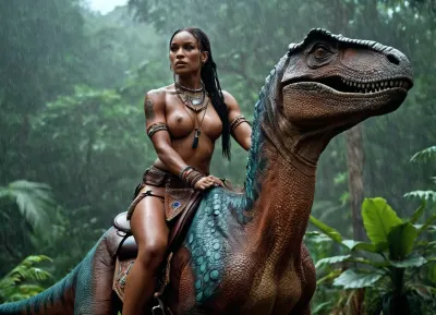 dinosaur, allosaurus, jungle, Woman, dark skinned, muscular, tribal tattoos, sitting astride a dinosaur, sitting in the saddle, wearing tribal clothing, Rain, high detail, light elaboration, high quality, good quality