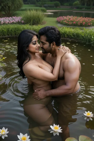 ((Indian slut 35 yo busty woman)), with a big mascular american man, couples bathing and hugging togather in pond, full length, indian style flowers on hairs, perfect lighting, (masterpiece, incredible detail), <lora:Bathpack2-08:.9>