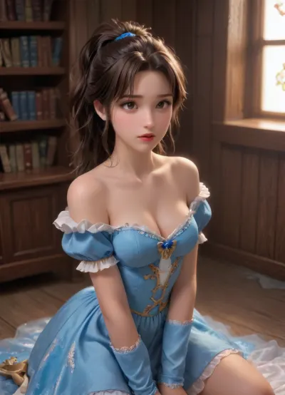 (Belle from Beauty and the beast:1.2), kneeling in the library, she looks up at the beast. The beast’s claw is visible., (she has long flowing brown hair tied back in a messy ponytail with a blue ribbon:1.2), brown eyes. She has her blue Belle costume. Her shirt is torn and her legs are showing. Cleavage., <lora:princess_xl_v2:.8>