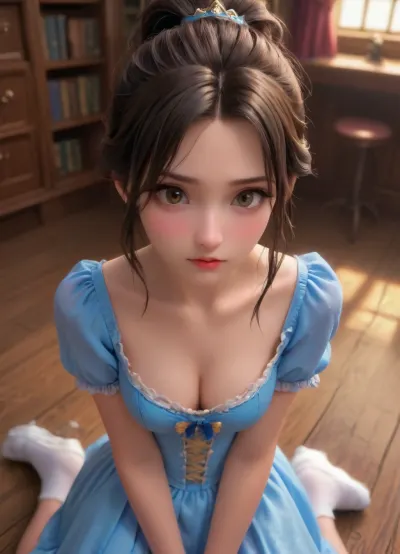 POV of, (Belle from Beauty and the beast:1.2), kneeling in the library, she looks up at the beast. The beast’s claw is visible., (she has long flowing brown hair tied back in a messy ponytail with a blue ribbon:1.2), brown eyes. She has her blue Belle costume. Her shirt is torn and her legs are showing. Cleavage., <lora:princess_xl_v2:.8>