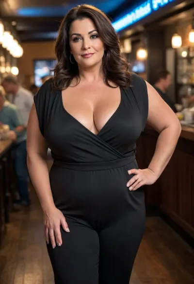 Women, 55 years old, milf, french, ssbbw figure, with oversized massive thick thighs and oversized wide hips. Natural floppy breast, braless under clothes. Tanned, tannlines. Seductive posing. Black hair, hairlenght up to hips, straight hairstyle. In wide jumpsuit, decollete. Night, bar, crowded.