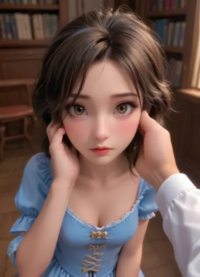 POV of, (Belle from Beauty and the beast:1.2), kneeling in the library, she looks up at the beast. The beast’s claw is visible, holding her cheek., (she has long flowing brown hair tied back in a messy ponytail with a blue ribbon:1.2), brown eyes. She has her blue Belle costume. Her shirt is torn and her legs are showing. Cleavage. She sucks on the beasts finger, <lora:princess_xl_v2:.8>