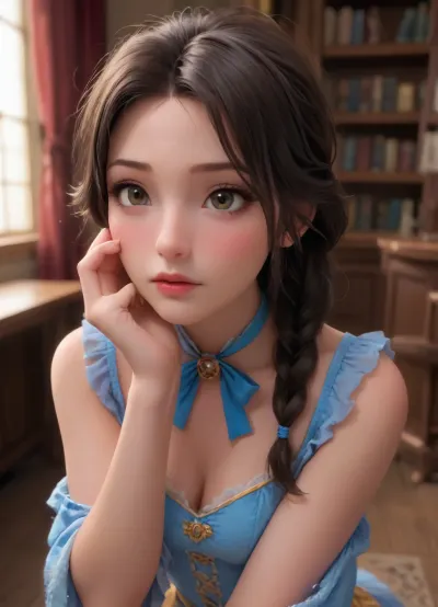 POV of, (Belle from Beauty and the beast:1.2), kneeling in the library, she looks up at the beast. The beast’s hairy paw is visible, holding her cheek., (she has long flowing brown hair tied back in a messy ponytail with a blue ribbon:1.2), brown eyes. She has her blue Belle costume. Her shirt is torn and her legs are showing. Cleavage. She sucks on the beasts finger, <lora:princess_xl_v2:.8>, <lora:f1ngering:.5>