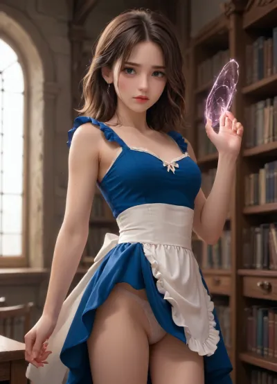 Belle from Beauty and the beast. Long brown hair pinned back in a messy ponytail. She leans in the library against a bookshelf, lifting her skirt to show her panties. She wears a blue dress with a white apron., <lora:princess_xl_v2:.6>