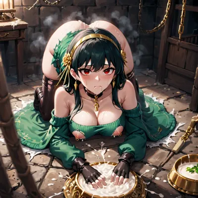 yor briar spy x family, nsfw, black hair, (head down ass up:1.2), She sticks her ass out, bowl full of cum, she is eating cum from bowl, Dirty Jail, happy, frown, Nipple piercing, steam, humid, covered in cum, cum covered, Collar, chain, Dirty, She's covered in cum, big breasts, big ass, torn clothes, aayorf, short, hair, with, long, locks, gold, hairband, ornament, red, eyes, earring, breasts, choker, bare, shoulders, black, dress, two-sided, fingerless, gloves, thigh, boots, bbyorf, white, earrings, jewelry, off, shoulder, sweater, sleeves, pantyhose, collarbone, shirt, collared, green, vest, skirt, <lora:yor_forger_XL_v1:1>