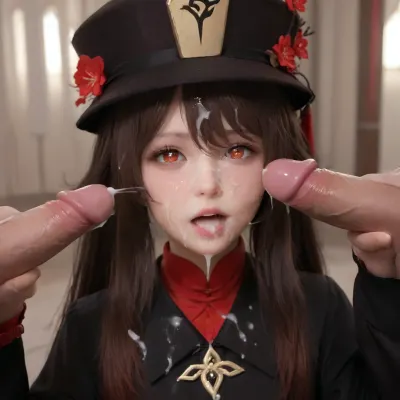 (hu tao from genshin impact), long, hair, bangs, brown, (red, eyes:1.3), between, eyes, twintails, sidelocks, symbol-shaped, pupils, sleeves, hat, jewelry, flower, shorts, wide, coat, chinese, clothes, black, ring, nails, ornament, woman, on, face, bukkake, excessive cum in face, open mouth, semen in mouth, facial, excessive cum in clothes, cum, <lora:JustCum:1>, <lora:MS_Real_XL_Bukkake:1>