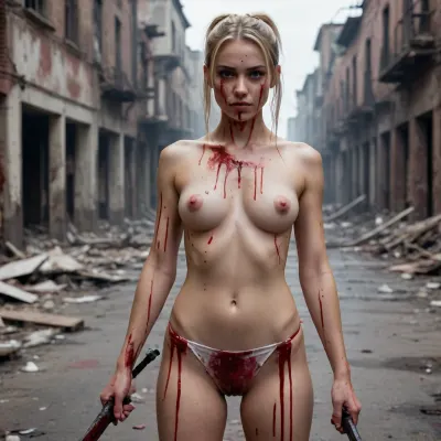 Naked girl wearing white panties, covered in blood in the middle of a destroyed city, blood on face, blood on tits, sword in both hands pointing at camera, smirk on her face, sweaty, small nipples, long blonde pony tail, long distance shot