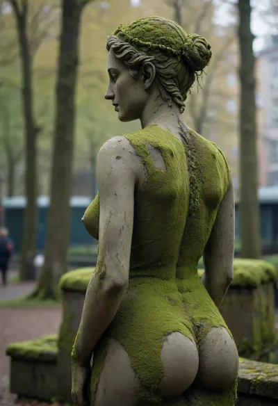 in city, an ancient stone female statue covered with few moss, back view