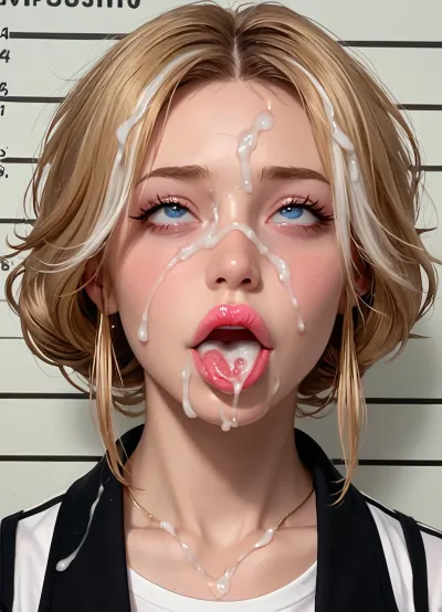 1girl, MILF, bimbo, whore, slut, slutty face, blond hair, hair is tied in a bun, lush hair, pink lipstick, large lips, duck lips, perfect face, detailed, ahegao, (rolling eyes), tongue, facial, excessive cum, mugshot, front view, cum on hair, clothed white highlights