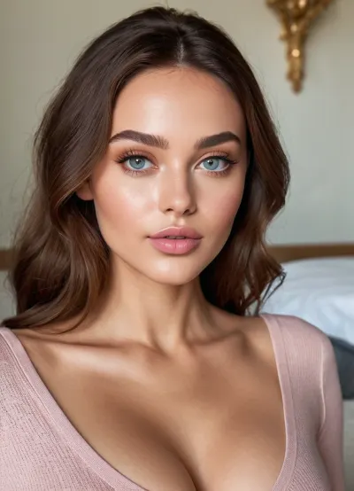 20-year-old woman, portrait, (full-length), (full-length portrait), photorealistic, (hyperrealistic), photorealism, hyperrealism, (ultrarealistic), (8k resolution), (detailed), (Instagram model), (professional photography), (masterpiece, best quality), (eyes of the same color, symmetrical eyes, identical eyes, detailed eyes, detailed pupils), (intricate clothing, detailed clothing), eyes, striking eyes, captivating eyes, piercing eyes, Scandinavians, Vikings, Irish, Scots, ((Big eyes)), doe eyes, ((innocent eyes)), small eyebrows, subtle makeup, natural makeup, thick lips, plump lips, toned lips, toned body, athletic build, toned hips, big ass, high breasts, (((full-length photo))), 8K, UHD, oval face with smooth contour, slightly pointed chin, (large expressive eyes), almond-shaped, blue irises with light iridescences, delicate and elegant contour of the upper and lower eyelids, long thick eyelashes and naturally curved eyebrows. medium-thick with a soft curve, slightly arched eyebrows with an even dark brown hue, a straight nose with a narrow back, a neatly pointed tip of the nose, a slight transition to the nostrils without sharp lines, an upper lip with a pronounced "Cupid's bow", a fuller lower lip with an even contour, a delicate pink lip color with with a natural matte effect, perfectly smooth skin tone with a warm undertone, soft natural skin radiance without visible pores, freckles are not very noticeable, (high smoothly defined cheekbones), long slightly wavy hair with thin strands, warm brown hair color, face framing, beautiful breasts, medium-sized breasts, ((small waist)), long neck, lying on the bed, rubbing against the headboard, naked, sexy, curvy, with pink nipples, pink pussy, hairless pussy, small waist, masterpiece, super quality, ((young face:1.5)), slender body, excessive detail, professional photography, perfect face, (face detail:1.3), ((angular cheekbones)), (full lips), (((cheekbones))), disheveled hair, freckles on her face, dimples on her cheeks, wide hips, narrow waist, tall stature, long legs, amazon, statuesque, shy grin, grin, shy smile, shadows, romantic lighting, (((plump lips))), (((Thin))), (((Athletic body))), slender, angular bangs, (((dimples))), slim, (((without makeup))), ((natural beauty)), virgin, innocent.