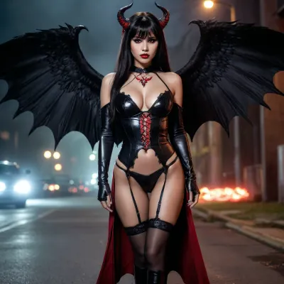 Night's empress: bir succubusun hiper-detailed fotorealist portresi ve şeytani arkadaşı