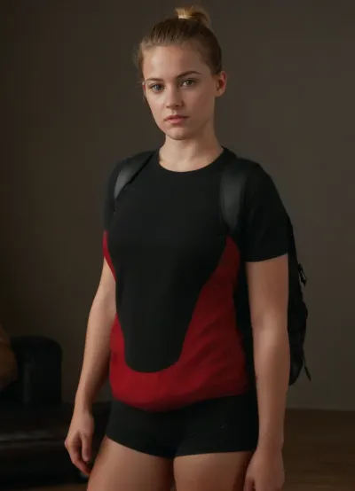 Full body shot, Caucasian girl, ((young:1.5)), ((youthful features:1.5)), innocent, fresh-faced, short, (stocky athletic build), broad shoulders, budding breasts that poke out, volleyball player, softball player, soccer player, smooth legs, thick legs, big thighs, narrow hips, wide waist, wears short athletic shorts, athletic team t-shirt, wearing a backpack, dirty blonde hair, hair pulled back in short ponytail, no makeup, tired eyes, bags under eyes, oval face, wide set blue eyes, almond eyes, wide gap between eyebrows, ((wide nose)), ((upturned button nose)), full lips, square jaw, chin dimple
