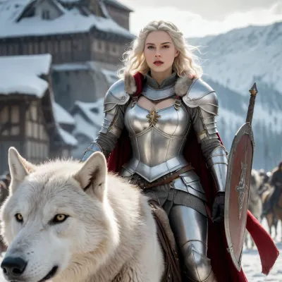 1 big snow-white wolf, 1 woman, beautiful woman 30 years young, big firm breasts, stiff nipples, wearing silver knight's armor, carrying a shield in her left hand, carrying a sword in her right hand, has a silver knight's helmet on, 1 woman rides on the back of a big snow-white wolf, a banner is blowing in the background, medieval landscape, show whole body in the picture, medieval battle in the background