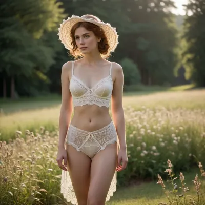 On a mown crochet lawn, in the musty early morning light of a summer's day, an Edwardian lady stands in her silk and lace lingerie