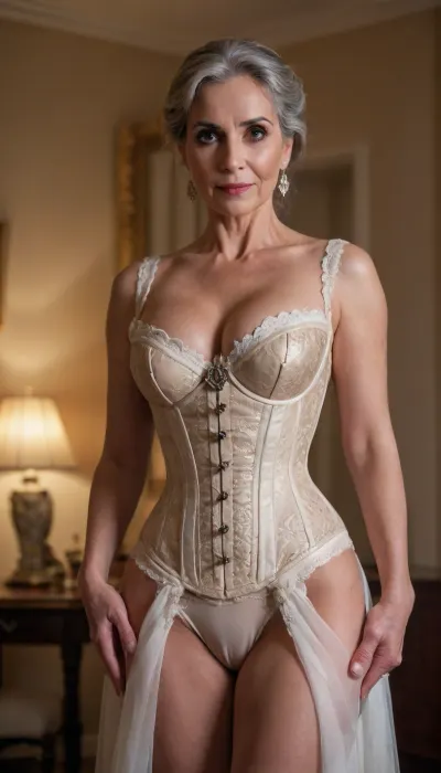 full body in frame, oman 65 years old, transperent sexy mediaval night robe, corset, super deep decolette, the corset is half unlaced, the left breast is exposed, milk flows from the nipples