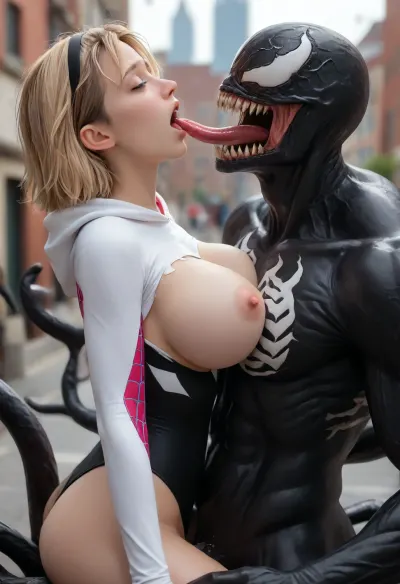 De l'autre côté de l'araignée : une séduction symbiotique - le baiser énigmatique du venin de Gwen Stacy

- Oui.

Au cœur de la ville de New York, Gwen Stacy, 18 ans, aux cheveux blonds et aux yeux bleus captivants, se tenait au milieu du chaos vibrant de la ville. Soudain, un monstrueux symbiote, Venom, se jeta vers elle. Leurs lèvres se rencontrèrent dans un baiser inattendu, et un gémissement de plaisir échappa à Gwen alors que le gigantesque symbiote Venom la caresse de sa forme colossale, symbolisant un lien plus sinistre que l'amour. De ce côté, la scène était un mélange de terreur et de désir.