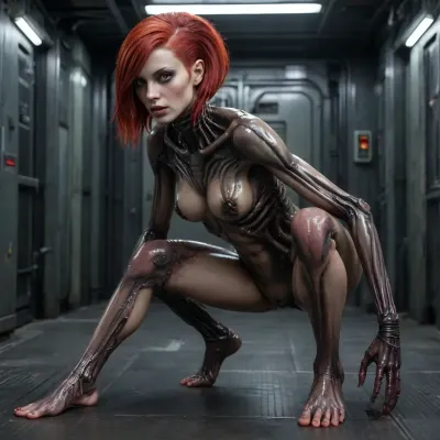 Xenomorph alien Girl, (human face, alien arms end leggs, tits and pussy naked, covered in oil, full Body visible), Doggystyle fucking Cyberpunk Android girl, cyberpunk Android girl, HAIR, (Red hair, Undercut), OUTFIT, (Cyborg mech suit, DARK Eyeliner, Long eyelashes), POSE, (squatting, feet together and knees apart), Xenomorph, <lora:Xenomorph v2:.8>, <lora:CyborgMechExosuit_v1.5:.3>, <lora:284451_training_data:1>