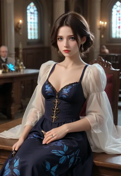 breathtaking beautiful woman wearing a, (butterfly dress), in The Haunted Mansion, Sitting . award-winning, professional, highly detailed, Glowing, Runes, Rune, Circle, Armor, Sword, <lora:564827_training_data:2>