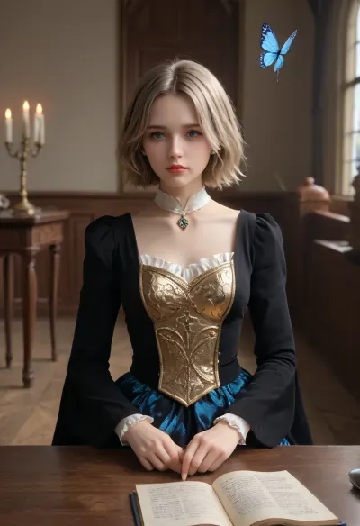 breathtaking beautiful woman wearing a, (butterfly dress), in The Haunted Mansion, Sitting . award-winning, professional, highly detailed, Glowing, Runes, Rune, Circle, Armor, Sword, <lora:564827_training_data:2>