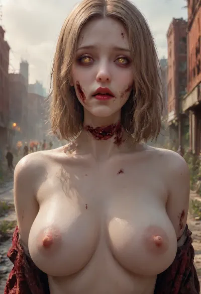1 girl, russian sexy beautiful 35 years old milf girl, blonde hair, (Eyes without pupils:1.4), (Zombie monster:1.5), (Very pale skin:1.3), blood, (horror style:1.6), (Realism:1.8), (big breasts:1.5), (sad:1.3), nude, Protruding black veins, park, post-apocalyptic, world, decay, skin, zombie, zombies, cityscape, <lora:UZombies:1>
