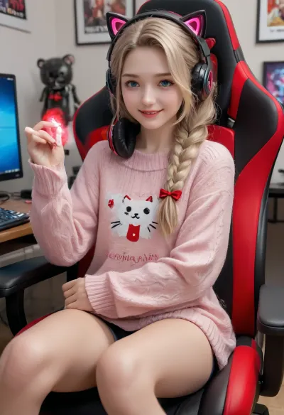 One girl, russian young beautiful 18 years old girl, blonde hair, two big braid, blue eyes, (Realism:1.5), (Small flat chest:1.4), (smile:1.3), Dressed in a oversize sweater and pink Gaming Headphones, gamer room, Christmas atmosphere, With a red furry cat, (Sitting on a gaming chair:1.3), Gaming computer