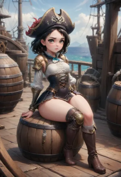 Pirate, cocked hat, ship, full-length woman, Sitting on a barrel, stockings, minidress, big ass, small breasts, small waist, sailboat, Shoulder armor, bracers, knee pads, boots, ral-dissolve, greg, rutkowski, <lora:ral-dissolve-sdxl:.5>, <lora:greg_rutkowski_xl_2:.5>