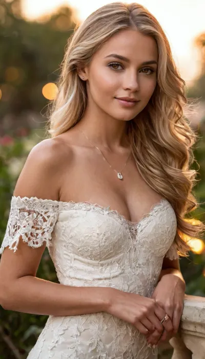 masterpiece, best quality, photorealistic, ultra-detailed, beautiful young woman with long straight blonde hair, soft waves, bright eyes with soft makeup, wearing a white dress with intricate lace details and cutouts, off-the-shoulder sleeves, large cleavage highlighted by the design, curvy figure, toned waist, hourglass shape, well-defined hips, smooth skin with a natural tan, a subtle smile, elegant posture, one hand resting on her side, jewelry on her wrist, soft lighting from a warm outdoor atmosphere, blurred background with soft bokeh lights and greenery, high-resolution photo with a cinematic, warm, and inviting composition