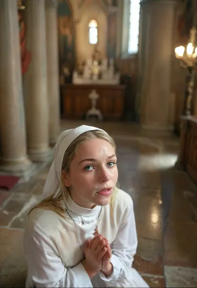 POV, view from above, Young blonde nun with white liquid on her face, kneeling in a church, looking up at viewer, Sistine_Chapel, Sistine Chapel, blushing, facial, cum, on, face, breasts, in, perfect, <lora:Facials:.6>, <lora:MJ52:.8>