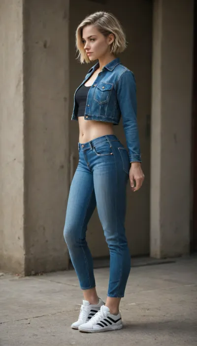 girl, blonde, sexy, athletic build, hips, short haircut, denim jacket, jeans, high-top sneakers