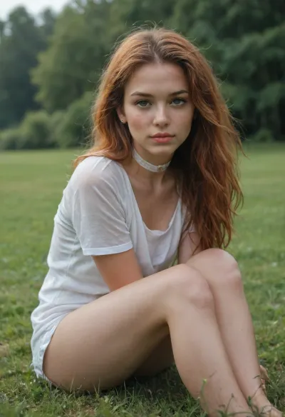 score_9, score_8_up, score_7_up, score_6_up, photo, grainy, amateur, lowres, 2000s nostalgia, webcam photo, flash, rsgrl, russian girl, cute russian girl, 1girl, solo, (((horny:1.5))), white choker, sexy, orange hair, sitting, long hair, grass, freckles