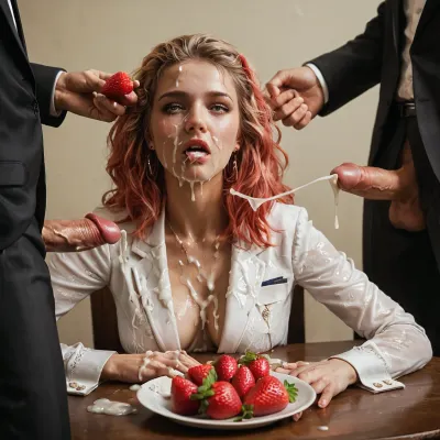 1 girl ultra sensual, suits, she strokes a man's penis, ejaculation on strawberries. she sits at a table with lot of fruits. Sick cum everywhere on the fruits., ((she hold a strawberry full of cum, bites strawberry))