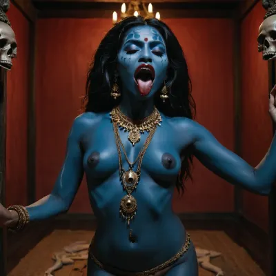 There is 1 woman in the frame. Goddess Kali dances naked. Blue skin. A mouth with sharp teeth, a long tongue, and beautiful bare breasts. The nipples on the chest look down. A severed head is in his hands. She wears a necklace of skulls around her neck., <lora:gossghost:.5>