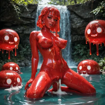seductive slime girl, she is a woman made of gelatinous slime, gelatinous, red slime, red breasts, (red=1.88), cowgirl, excessive cum, drooling, pull me into her, hair made of red slime, caress, seductive eyes, hunger, curious, ravenous, natural pool, cave, fireflies, hylas and the nymphs, beckoning me to join them, 3/4 view, kneeling over me, spread labia, riding my cock, creampie, excessive slime, springs, waterfall, hair made of slime, red skin, (red skin=1.9), (slime hair=1.9), executrix, glow, translucent, skulls, dark puffy nipples, golden thai temple, excess slime dripping down breasts, excess slime driping down tummy, excess slime driping down legs, wet, oil